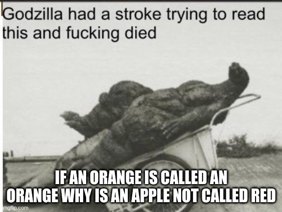 Godzilla | IF AN ORANGE IS CALLED AN ORANGE WHY IS AN APPLE NOT CALLED RED | image tagged in godzilla | made w/ Imgflip meme maker