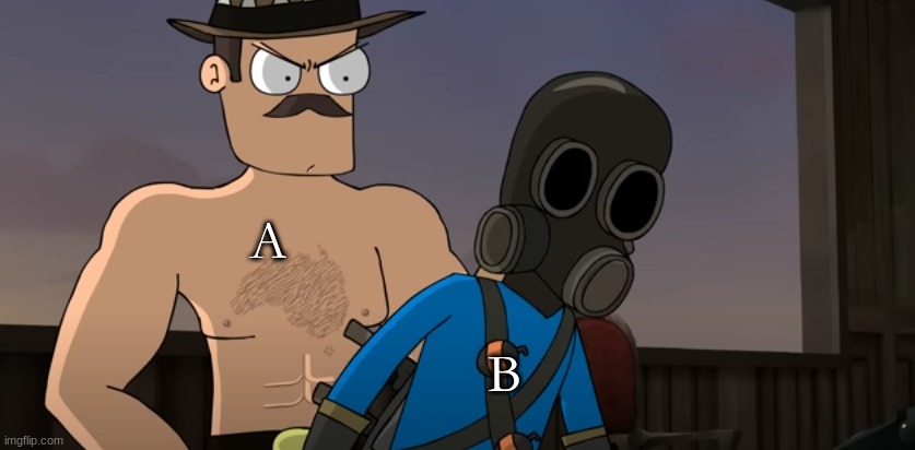 New temp, go insane | A; B | image tagged in saxton hale behind pyro | made w/ Imgflip meme maker