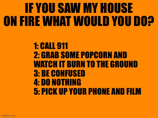 Posting for points and cuz i’m bored | IF YOU SAW MY HOUSE ON FIRE WHAT WOULD YOU DO? 1: CALL 911 
2: GRAB SOME POPCORN AND WATCH IT BURN TO THE GROUND 
3: BE CONFUSED
4: DO NOTHING 
5: PICK UP YOUR PHONE AND FILM | image tagged in go,shit,yourself | made w/ Imgflip meme maker