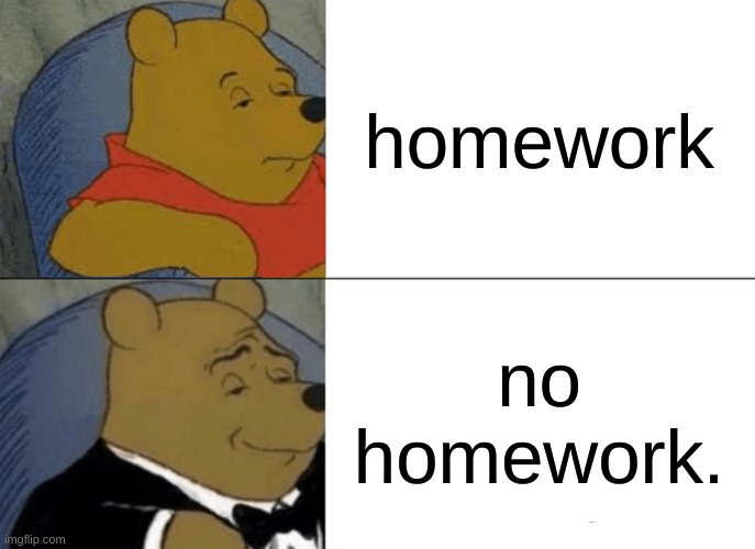 no homework | homework; no homework. | image tagged in memes,tuxedo winnie the pooh | made w/ Imgflip meme maker