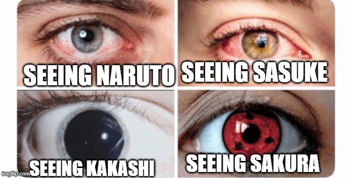 >:( | SEEING SASUKE; SEEING NARUTO; SEEING SAKURA; SEEING KAKASHI | image tagged in sharingannn | made w/ Imgflip meme maker