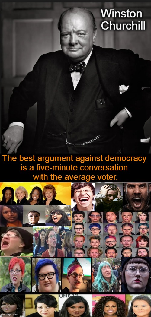 A Republic, Not a Democracy. | The best argument against democracy 
is a five-minute conversation 
with the average voter. | image tagged in politics,winston churchill,political humor,average,voters,democracy | made w/ Imgflip meme maker