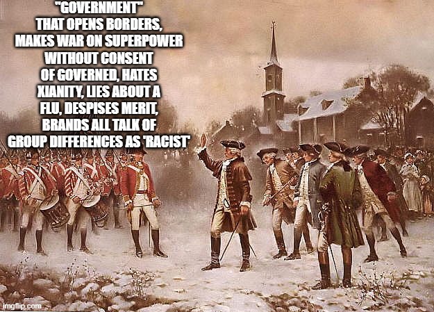 Redcoats vs Patriots | "GOVERNMENT" THAT OPENS BORDERS, MAKES WAR ON SUPERPOWER WITHOUT CONSENT OF GOVERNED, HATES XIANITY, LIES ABOUT A FLU, DESPISES MERIT, BRANDS ALL TALK OF GROUP DIFFERENCES AS 'RACIST' | image tagged in redcoats vs patriots | made w/ Imgflip meme maker