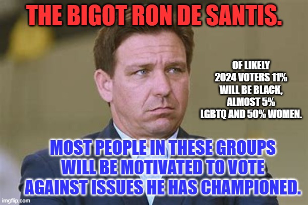 A "Blue Wave," response to a disastrous performance of the GOP House, would be icing on the cake for Dems. | THE BIGOT RON DE SANTIS. OF LIKELY 2024 VOTERS 11% WILL BE BLACK, ALMOST 5% LGBTQ AND 50% WOMEN. MOST PEOPLE IN THESE GROUPS WILL BE MOTIVATED TO VOTE AGAINST ISSUES HE HAS CHAMPIONED. | image tagged in politics | made w/ Imgflip meme maker