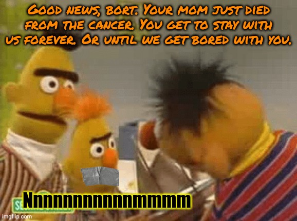 Sesame street lost episodes | Good news, bort. Your mom just died from the cancer. You get to stay with us forever. Or until we get bored with you. Nnnnnnnnnnnmmmm | image tagged in but why why would you do that,cancer,lol so funny,sesame street,bert and ernie | made w/ Imgflip meme maker