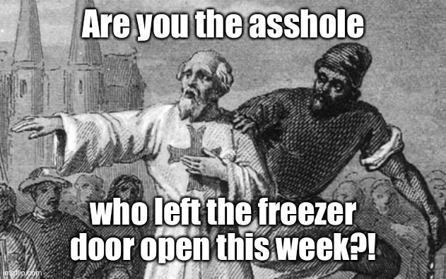 Accuser | Are you the asshole; who left the freezer door open this week?! | image tagged in accuser,cold weather,freezer open | made w/ Imgflip meme maker