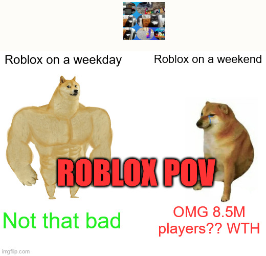 POV: Roblox at different times. | Roblox on a weekday; Roblox on a weekend; ROBLOX POV; Not that bad; OMG 8.5M players?? WTH | image tagged in memes,buff doge vs cheems | made w/ Imgflip meme maker