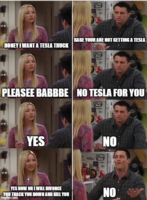 no tesla | HONEY I WANT A TESLA TRUCK; BABE YOUR ARE NOT GETTING A TESLA; NO TESLA FOR YOU; PLEASEE BABBBE; YES; NO; YES NOW OR I WILL DIVORCE YOU TRACK YOU DOWN AND KILL YOU; NO | image tagged in phoebe joey | made w/ Imgflip meme maker