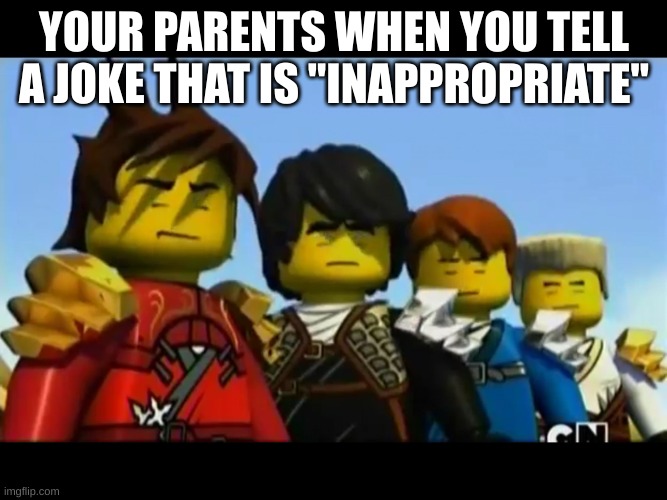 my parents have high standards on appropriateness | YOUR PARENTS WHEN YOU TELL A JOKE THAT IS "INAPPROPRIATE" | image tagged in ninjago | made w/ Imgflip meme maker