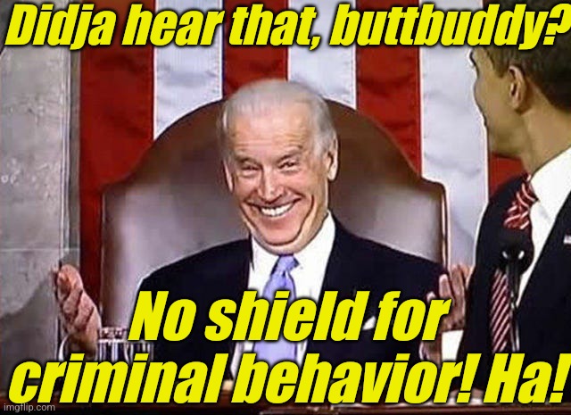 biden when he gets away with it. | Didja hear that, buttbuddy? No shield for criminal behavior! Ha! | image tagged in biden when he gets away with it | made w/ Imgflip meme maker
