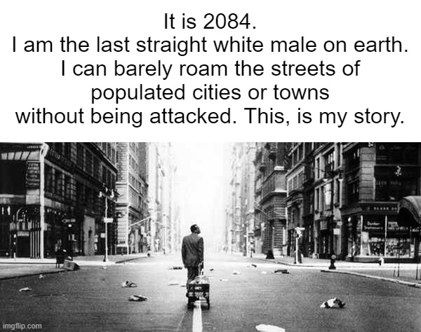 2084 moment | It is 2084.
I am the last straight white male on earth. I can barely roam the streets of populated cities or towns without being attacked. This, is my story. | made w/ Imgflip meme maker