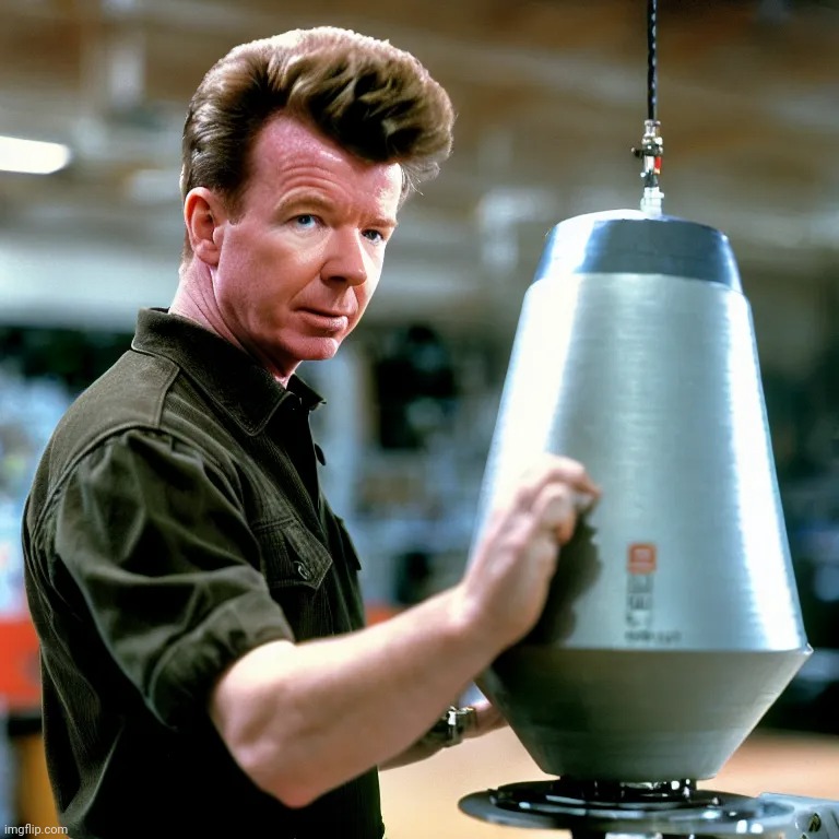 Prompt: Rick Astley sets up a nuclear warhead behind a school | made w/ Imgflip meme maker