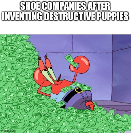 (insert chewed up shoe) | SHOE COMPANIES AFTER INVENTING DESTRUCTIVE PUPPIES | image tagged in mr krabs money | made w/ Imgflip meme maker