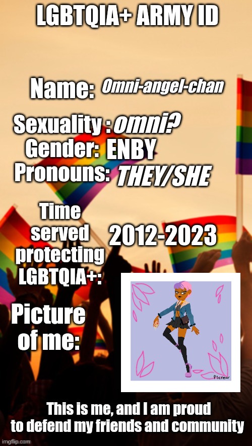 LGBTQIA+ Army ID | Omni-angel-chan; omni? ENBY; THEY/SHE; 2012-2023 | image tagged in lgbtqia army id | made w/ Imgflip meme maker