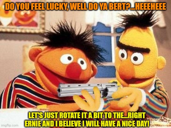 Birty Harry does Ernie Dirty | DO YOU FEEL LUCKY, WELL DO YA BERT?...HEEEHEEE; LET'S JUST ROTATE IT A BIT TO THE...RIGHT ERNIE AND I BELIEVE I WILL HAVE A NICE DAY! | image tagged in bert and ernie,dirty harry,murder,gun | made w/ Imgflip meme maker