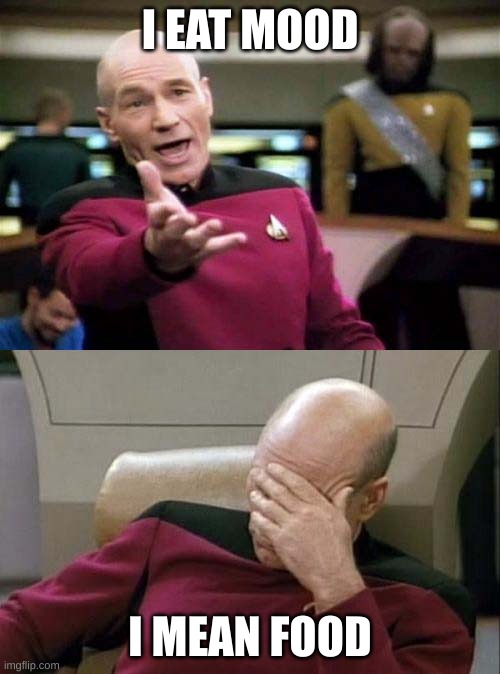 Picard WTF and Facepalm combined | I EAT MOOD; I MEAN FOOD | image tagged in picard wtf and facepalm combined | made w/ Imgflip meme maker