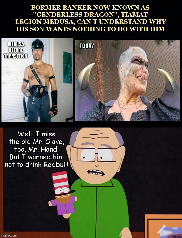 Today's latest whine from the castration-by-choice crowd | TODAY; MEDUSA BEFORE TRANSITION | image tagged in genderless dragon,tiamat legion medusa,south park,mr garrison,castration,freaks | made w/ Imgflip meme maker