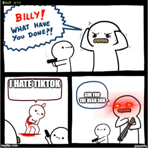 The life of billy | I HATE TIKTOK; AIM FOR THE HEAD SON | image tagged in billy what have you done 2,memes | made w/ Imgflip meme maker