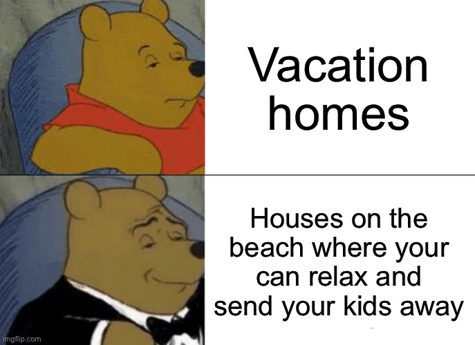 Tuxedo Winnie The Pooh | Vacation homes; Houses on the beach where your can relax and send your kids away | image tagged in memes,tuxedo winnie the pooh | made w/ Imgflip meme maker