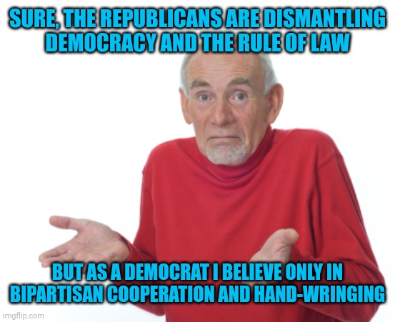 Guess I'll die  | SURE, THE REPUBLICANS ARE DISMANTLING
DEMOCRACY AND THE RULE OF LAW BUT AS A DEMOCRAT I BELIEVE ONLY IN BIPARTISAN COOPERATION AND HAND-WRIN | image tagged in guess i'll die | made w/ Imgflip meme maker