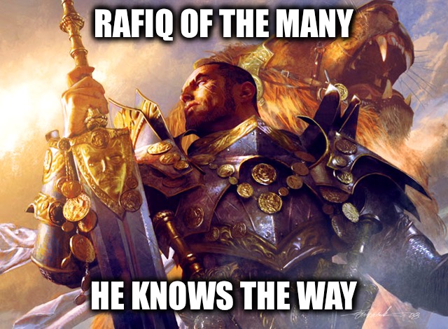 Magic Gagz #4 | RAFIQ OF THE MANY; HE KNOWS THE WAY | image tagged in magic the gathering,pun,fantasy,tabletop,lion king,rafiki wisdom | made w/ Imgflip meme maker