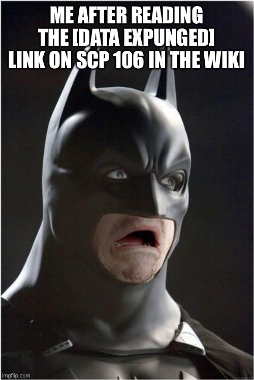 Batman Scared | ME AFTER READING THE [DATA EXPUNGED] LINK ON SCP 106 IN THE WIKI | image tagged in batman scared | made w/ Imgflip meme maker