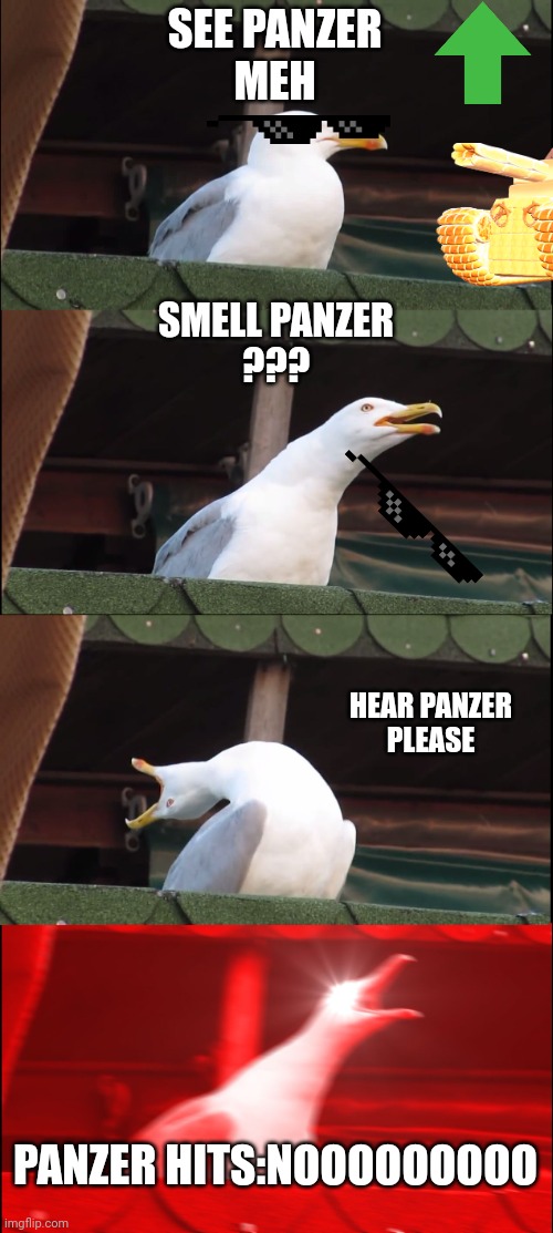 Inhaling Seagull | SEE PANZER
MEH; SMELL PANZER
??? HEAR PANZER
PLEASE; PANZER HITS:NOOOOOOOOO | image tagged in memes,inhaling seagull | made w/ Imgflip meme maker