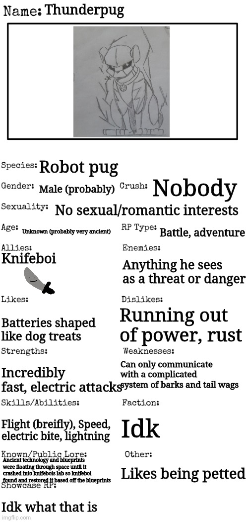 Behold, THUNDERPUG! (drawn by shadowskul) | Thunderpug; Robot pug; Nobody; Male (probably); No sexual/romantic interests; Unknown (probably very ancient); Battle, adventure; Knifeboi; Anything he sees as a threat or danger; Running out of power, rust; Batteries shaped like dog treats; Can only communicate with a complicated system of barks and tail wags; Incredibly fast, electric attacks; Idk; Flight (breifly), Speed, electric bite, lightning; Ancient technology and blueprints were floating through space until it crashed into knifebois lab so knifeboi found and restored it based off the blueprints; Likes being petted; Idk what that is | image tagged in new oc showcase for rp stream | made w/ Imgflip meme maker