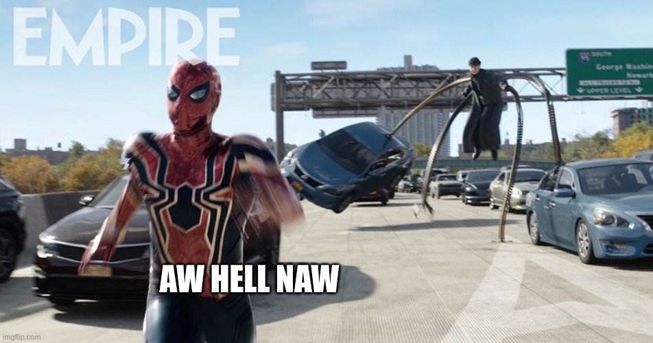 Spider-Man Running Away from Doc Ock | AW HELL NAW | image tagged in spider-man running away from doc ock | made w/ Imgflip meme maker