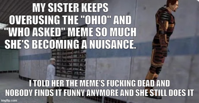 I loathe this generation | MY SISTER KEEPS OVERUSING THE "OHIO" AND "WHO ASKED" MEME SO MUCH SHE'S BECOMING A NUISANCE. I TOLD HER THE MEME'S FUCKING DEAD AND NOBODY FINDS IT FUNNY ANYMORE AND SHE STILL DOES IT | image tagged in gordon freeman bunnyhopping | made w/ Imgflip meme maker