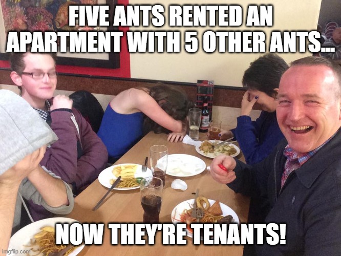 Dad Joke Meme | FIVE ANTS RENTED AN APARTMENT WITH 5 OTHER ANTS... NOW THEY'RE TENANTS! | image tagged in dad joke meme | made w/ Imgflip meme maker