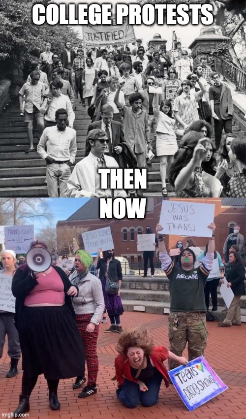 College ProtestsThen & Now | COLLEGE PROTESTS; THEN; NOW | image tagged in protest,1960s,generation z | made w/ Imgflip meme maker