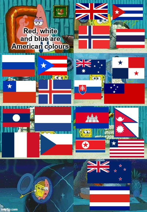 Lets go kiwis! | Red, white and blue are American colours | image tagged in patrick question spongebob proof | made w/ Imgflip meme maker