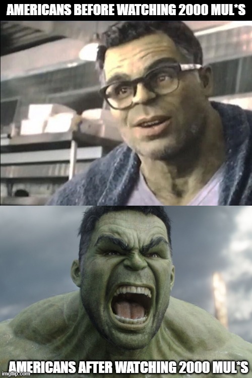 Americans | AMERICANS BEFORE WATCHING 2000 MUL*S; AMERICANS AFTER WATCHING 2000 MUL*S | image tagged in memes,americans,hulk | made w/ Imgflip meme maker