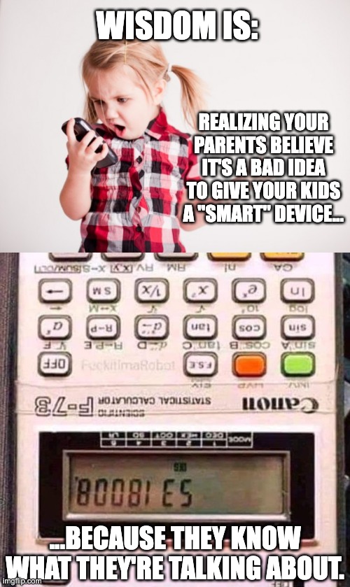 Can't Stop The Bewbees... | WISDOM IS:; REALIZING YOUR PARENTS BELIEVE IT'S A BAD IDEA TO GIVE YOUR KIDS A "SMART" DEVICE... ...BECAUSE THEY KNOW WHAT THEY'RE TALKING ABOUT. | image tagged in kid on cell phone | made w/ Imgflip meme maker