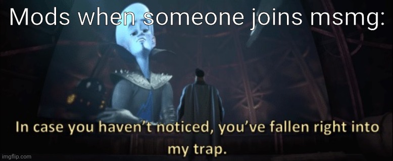 In case you haven’t noticed, you have fallen right into my trap | Mods when someone joins msmg: | image tagged in in case you haven t noticed you have fallen right into my trap | made w/ Imgflip meme maker