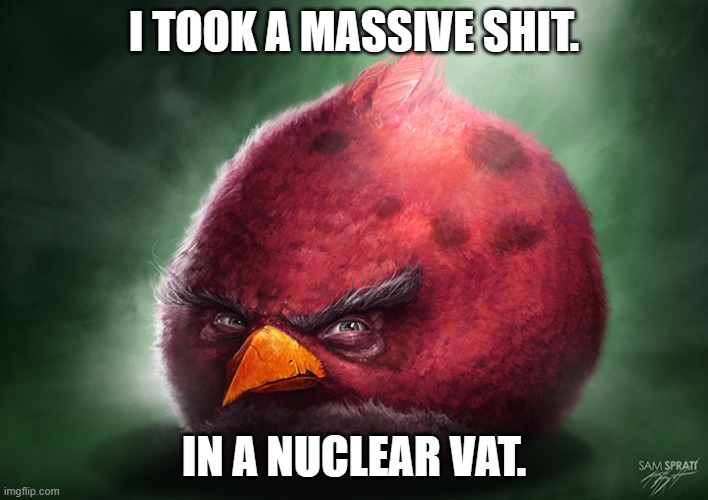 Wait What. | I TOOK A MASSIVE SHIT. IN A NUCLEAR VAT. | image tagged in angry bird 7 | made w/ Imgflip meme maker