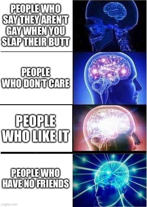 I’m the third one | PEOPLE WHO SAY THEY AREN’T GAY WHEN YOU SLAP THEIR BUTT; PEOPLE WHO DON’T CARE; PEOPLE WHO LIKE IT; PEOPLE WHO HAVE NO FRIENDS | image tagged in memes,expanding brain | made w/ Imgflip meme maker