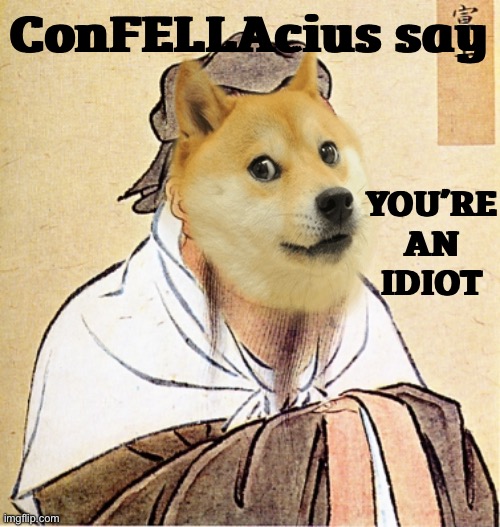 Confucius Says | ConFELLAcius say; YOU’RE AN IDIOT | image tagged in confucius says | made w/ Imgflip meme maker