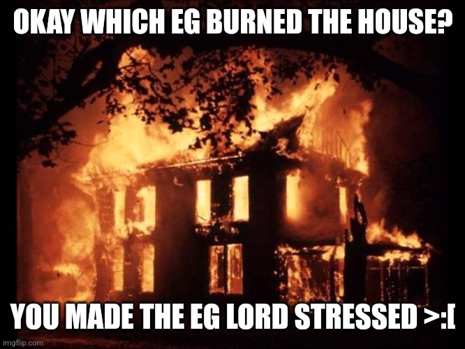 Who did it?? | OKAY WHICH EG BURNED THE HOUSE? YOU MADE THE EG LORD STRESSED >:[ | image tagged in house on fire,eg,lord,is,stressed | made w/ Imgflip meme maker