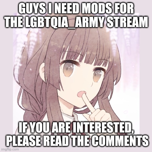 If you don't know about that stream,   look at some of my previous posts ig | GUYS I NEED MODS FOR THE LGBTQIA_ARMY STREAM; IF YOU ARE INTERESTED,  PLEASE READ THE COMMENTS | made w/ Imgflip meme maker