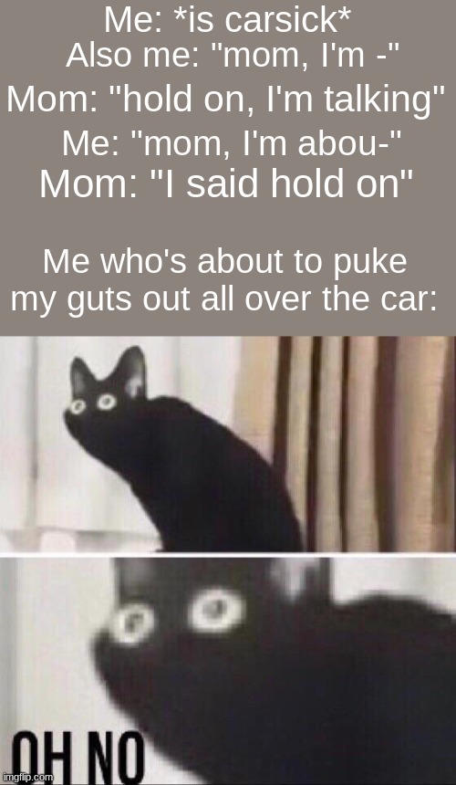 fr this happened to me | Me: *is carsick*; Also me: "mom, I'm -"; Mom: "hold on, I'm talking"; Me: "mom, I'm abou-"; Mom: "I said hold on"; Me who's about to puke my guts out all over the car: | image tagged in oh no cat | made w/ Imgflip meme maker