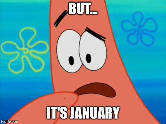 patrick uhhh | BUT... IT'S JANUARY | image tagged in patrick uhhh | made w/ Imgflip meme maker