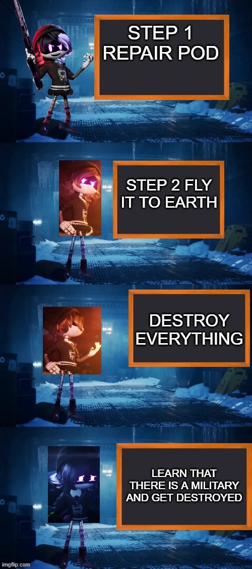 Uzi's plan to destroy earth | STEP 1 REPAIR POD; STEP 2 FLY IT TO EARTH; DESTROY EVERYTHING; LEARN THAT THERE IS A MILITARY AND GET DESTROYED | image tagged in uzi's plan to ________,earth | made w/ Imgflip meme maker