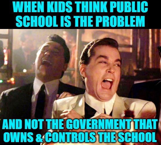 Good Fellas Hilarious Meme | WHEN KIDS THINK PUBLIC SCHOOL IS THE PROBLEM AND NOT THE GOVERNMENT THAT
OWNS & CONTROLS THE SCHOOL | image tagged in memes,good fellas hilarious | made w/ Imgflip meme maker