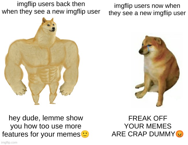 THEY JUST JOINED | imgflip users back then when they see a new imgflip user; imgflip users now when they see a new imgflip user; hey dude, lemme show you how too use more features for your memes🙂; FREAK OFF YOUR MEMES ARE CRAP DUMMY😡 | image tagged in memes,buff doge vs cheems,new users,imgflip users,reality,before and after | made w/ Imgflip meme maker