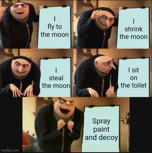 Original but there is a plot twist | I fly to the moon; I shrink the moon; I sit on the toilet; I steal the moon; Spray paint and decoy | image tagged in 5 panel gru meme | made w/ Imgflip meme maker