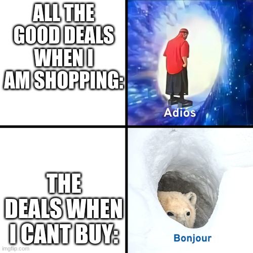 Adios Bonjour | ALL THE GOOD DEALS WHEN I AM SHOPPING:; THE DEALS WHEN I CANT BUY: | image tagged in adios bonjour,facts,fun | made w/ Imgflip meme maker