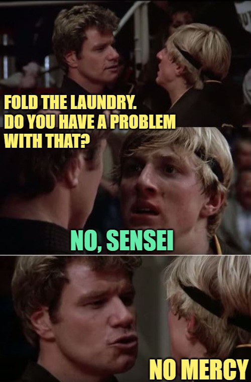 The Laundry Kid | FOLD THE LAUNDRY.
DO YOU HAVE A PROBLEM
WITH THAT? NO, SENSEI; NO MERCY | image tagged in karate kid,laundry,no mercy,movies,funny memes,housework | made w/ Imgflip meme maker