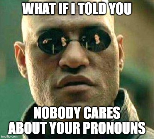 What if i told you | WHAT IF I TOLD YOU; NOBODY CARES ABOUT YOUR PRONOUNS | image tagged in what if i told you | made w/ Imgflip meme maker